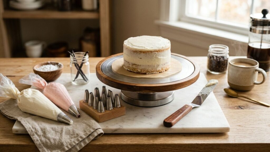 Essential tools for frosting cakes including spatula and piping bags