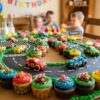 Colorful car themed cupcakes arranged like a race track