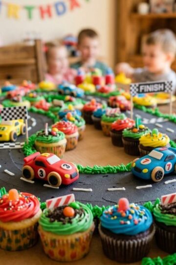 Colorful car themed cupcakes arranged like a race track