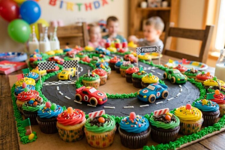 Colorful car themed cupcakes arranged like a race track