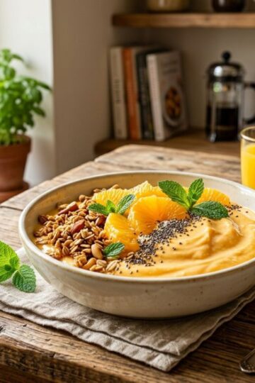 Bowl of creamy homemade orange yogurt topped with orange slices and granola