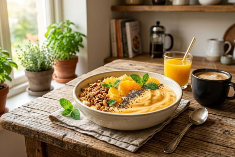 Bowl of creamy homemade orange yogurt topped with orange slices and granola