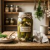 Glass jar of deli pickles with garlic and fresh dill on wooden table
