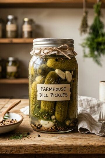 Glass jar of deli pickles with garlic and fresh dill on wooden table