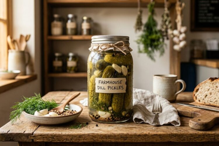 Glass jar of deli pickles with garlic and fresh dill on wooden table