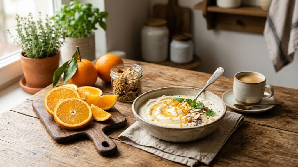 Fresh homemade orange yogurt with oranges