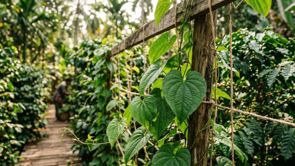 Fresh green yam leaves growing on a tropical vine plant