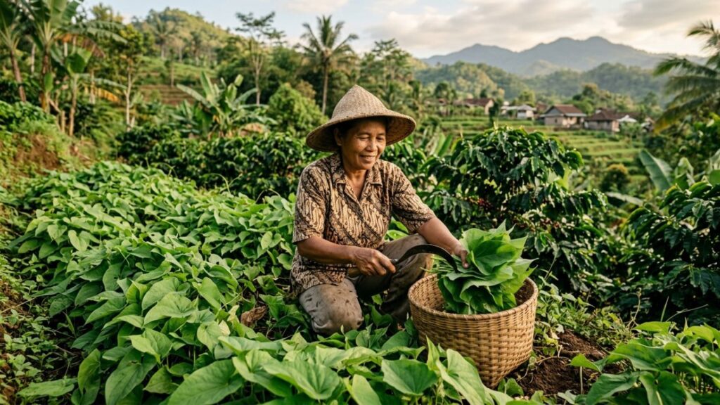 Farmer picking yam leaves in field