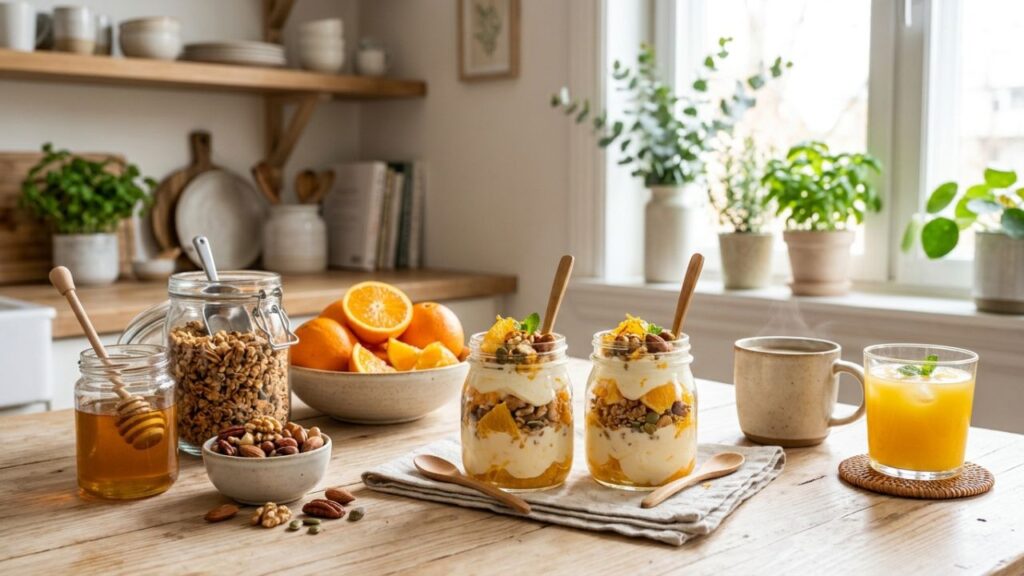 Orange yogurt parfait jars with fresh fruit and granola