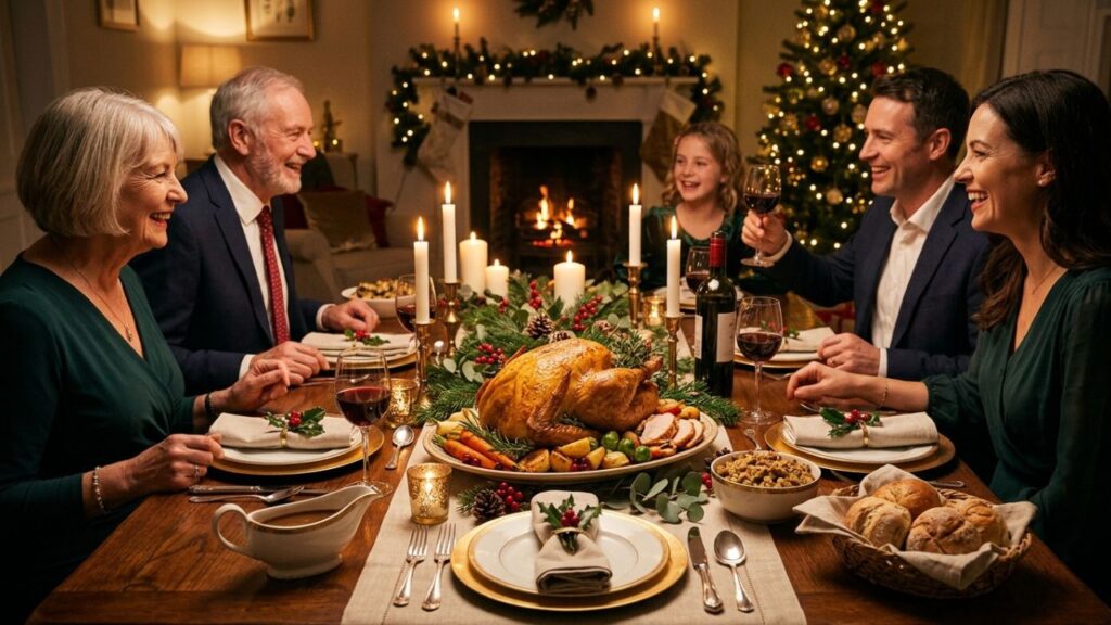 Festive table with roast capon centerpiece