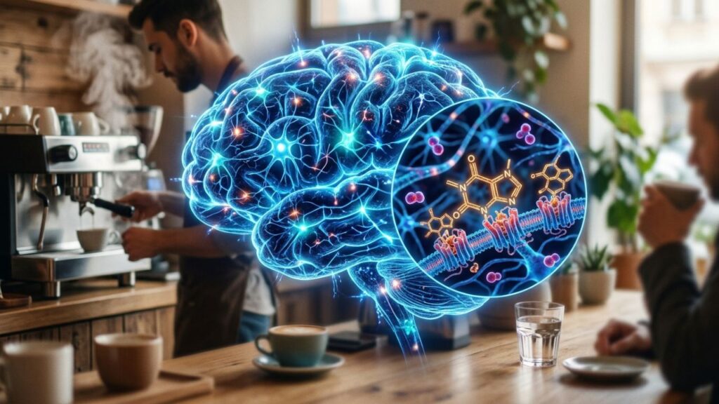 Caffeine blocking adenosine in the brain illustration