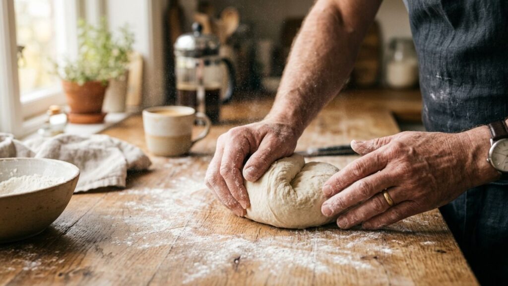 Round and oval Italian rolls displayed on cloth in bakery style