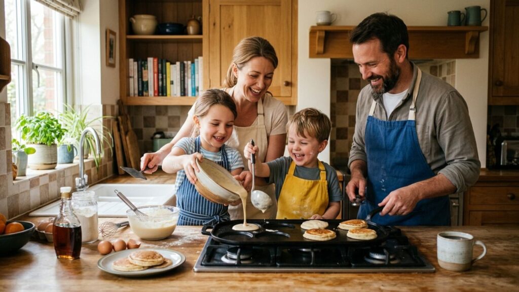 Family cooking Mexican pancakes together in kitchen