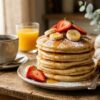 Stack of Mexican pancakes topped with fruit, honey, and cinnamon on a rustic table
