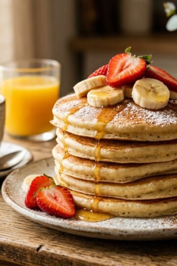 Stack of Mexican pancakes topped with fruit, honey, and cinnamon on a rustic table