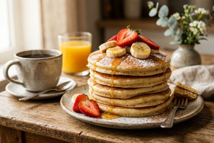 Stack of Mexican pancakes topped with fruit, honey, and cinnamon on a rustic table