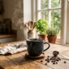 Fresh hot coffee cup on wooden table with morning sunlight