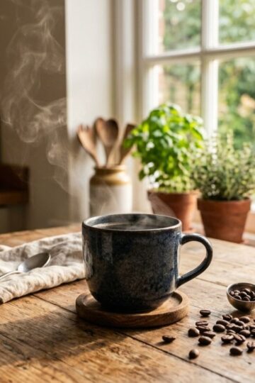 Fresh hot coffee cup on wooden table with morning sunlight