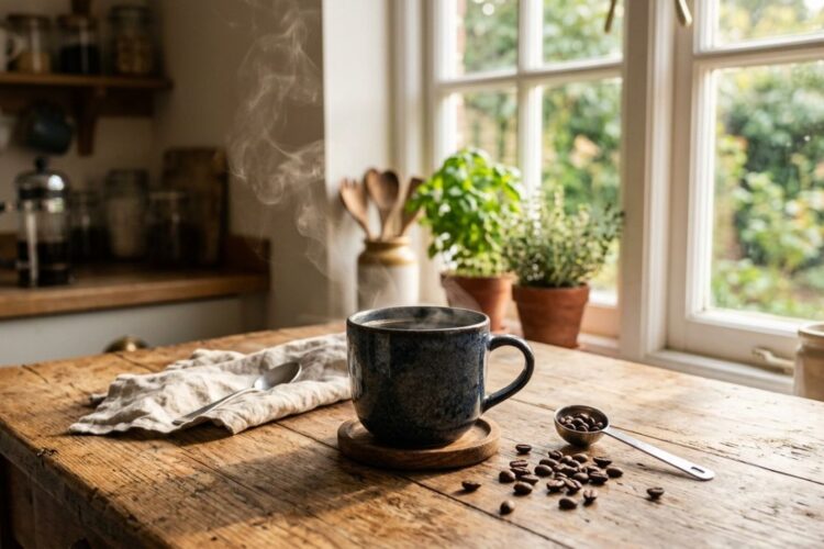 Fresh hot coffee cup on wooden table with morning sunlight
