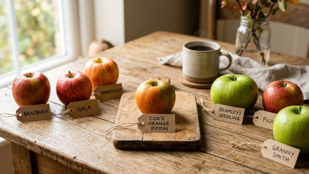 Different apple varieties including orange-blushed apples