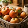 Orange-red heirloom apples in a wooden basket with natural lighting