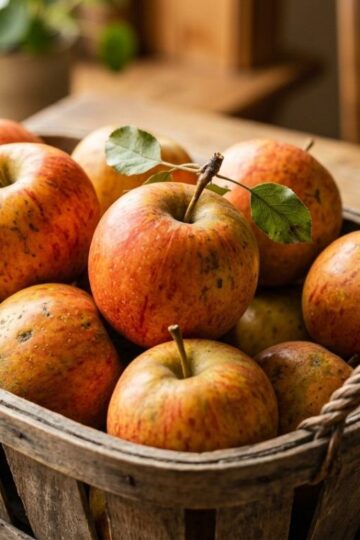 Orange-red heirloom apples in a wooden basket with natural lighting