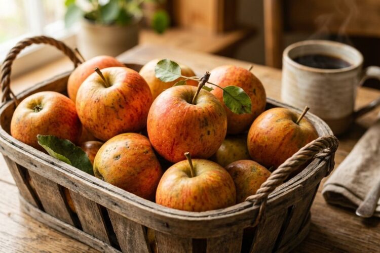Orange-red heirloom apples in a wooden basket with natural lighting