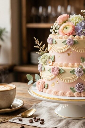 Smooth buttercream frosted cake with elegant piping design