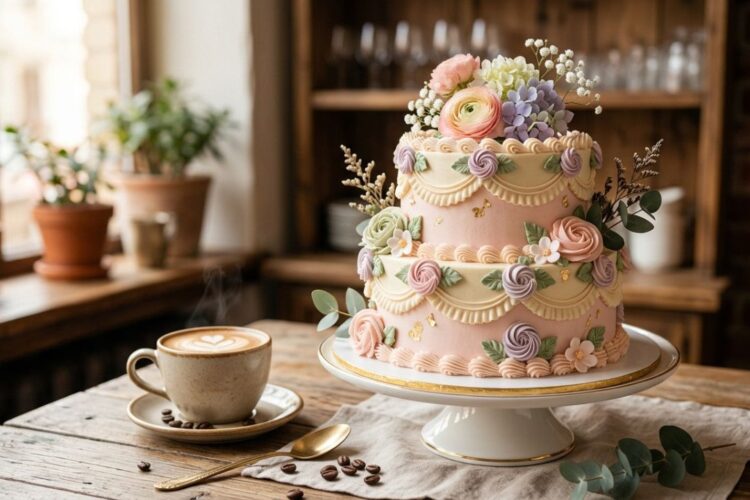 Smooth buttercream frosted cake with elegant piping design