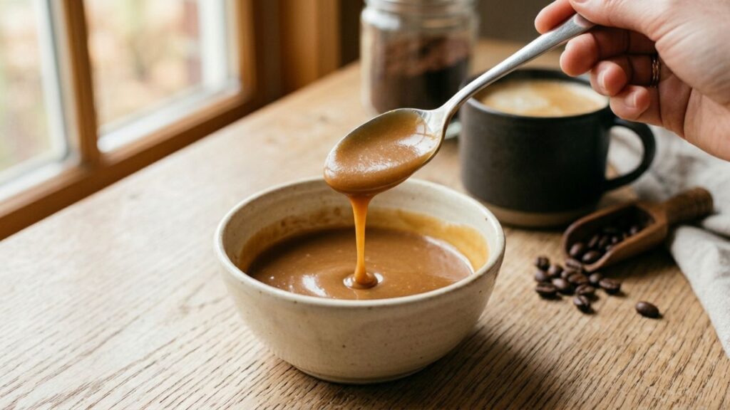 Spoon coated with thick bourbon cream sauce.