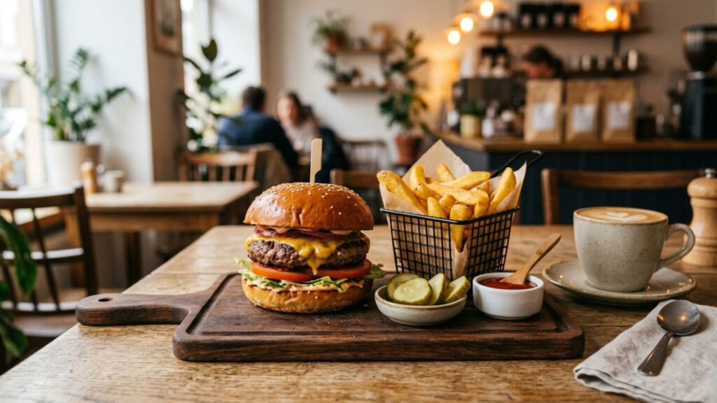 Burger served with deli pickles and fries