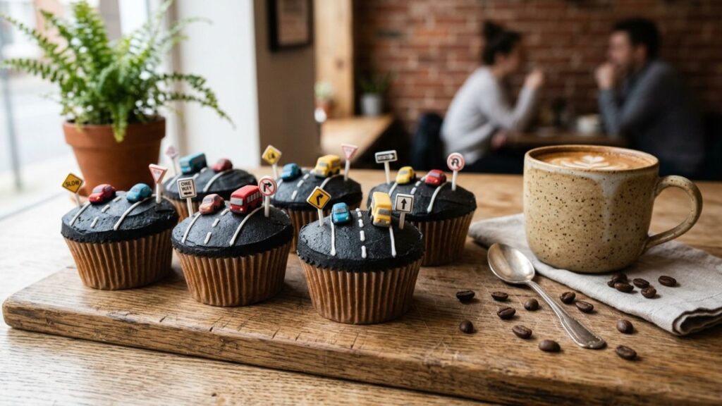  Cupcakes designed like roads with lane markings