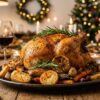 Golden roasted capon with crispy skin and herbs on a festive table
