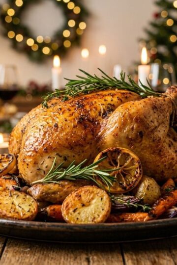 Golden roasted capon with crispy skin and herbs on a festive table