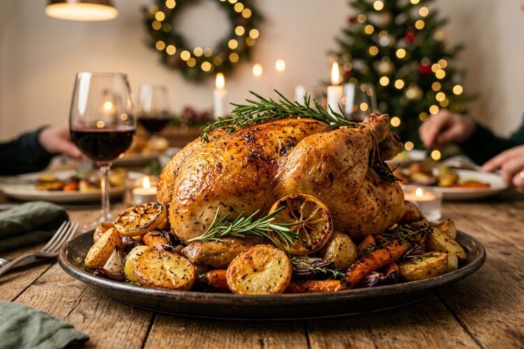 Golden roasted capon with crispy skin and herbs on a festive table