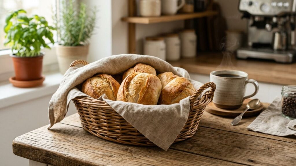 Italian rolls stored in basket covered with cloth