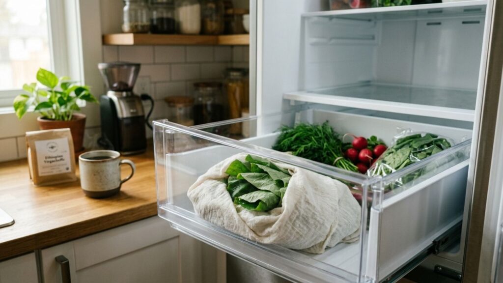 Yam leaves stored in refrigerator wrapped in cloth
