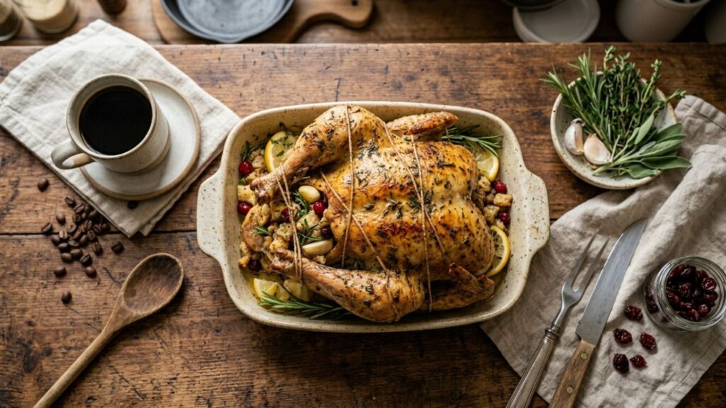 Capon stuffed with herbs and festive ingredients