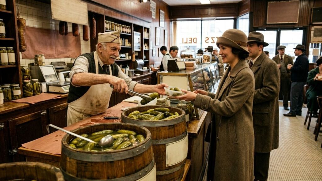 Vintage deli with wooden barrels filled with pickles