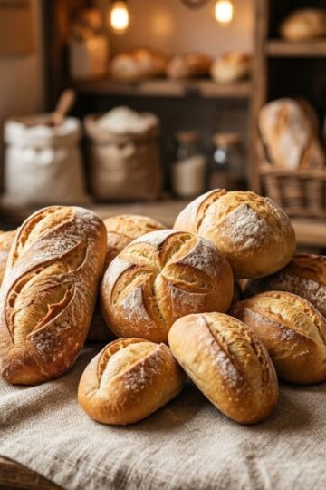 Fresh Italian roll showing crispy crust and soft airy inside on wooden table