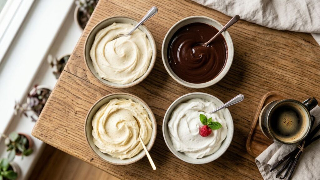 Variety of frosting types including buttercream, ganache, and whipped cream