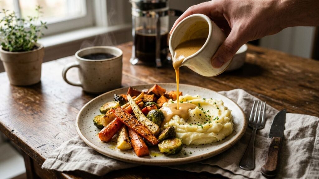 Sauce drizzled over vegetables and mashed potatoes.