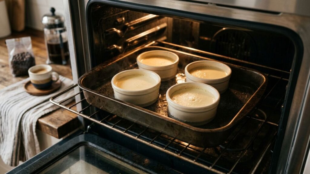 Crème brûlée baking in water bath