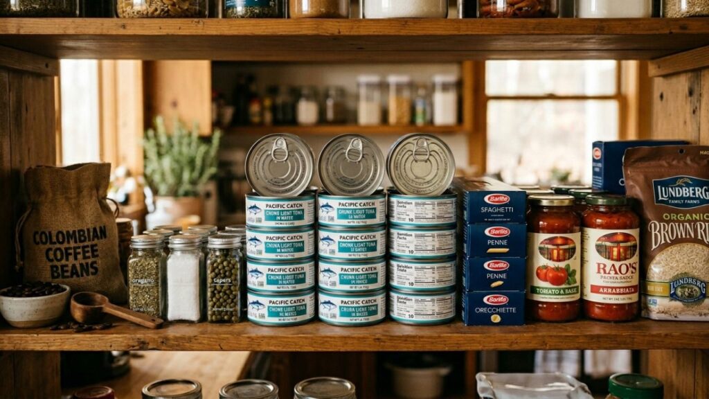 Pantry shelf with canned tuna and staple foods