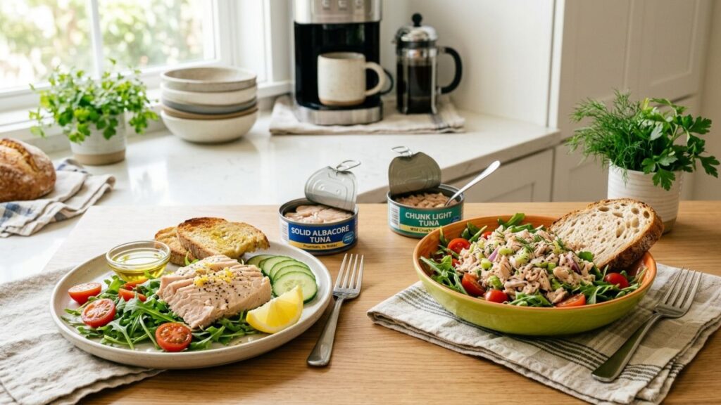 Chunk light tuna and albacore tuna used in different meals side by side