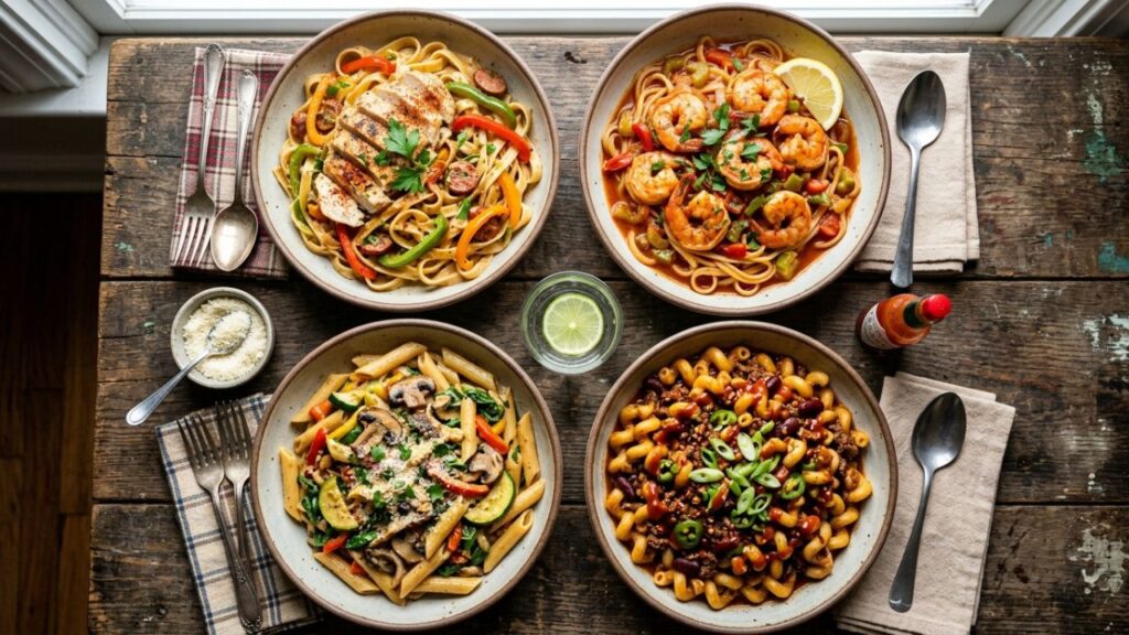 Finished Cajun rattlesnake pasta served on a plate
