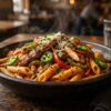 Creamy Cajun rattlesnake pasta with chicken, peppers, and jalapeños in a bowl