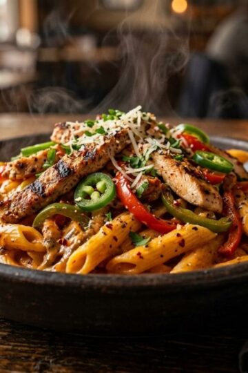 Creamy Cajun rattlesnake pasta with chicken, peppers, and jalapeños in a bowl