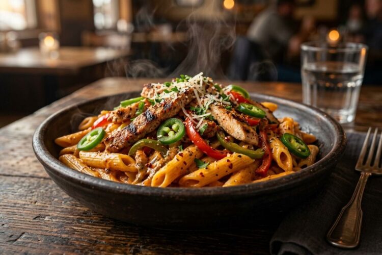 Creamy Cajun rattlesnake pasta with chicken, peppers, and jalapeños in a bowl