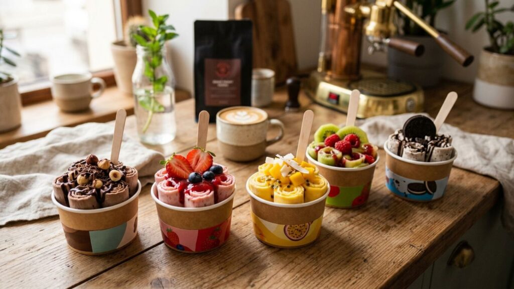 Variety of colorful ice cream roll flavors with toppings
